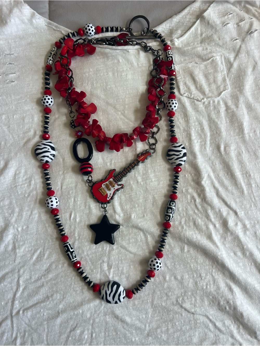 Art by Amy one of a kind Red Guitar & Star Layered Statement Necklace for Women